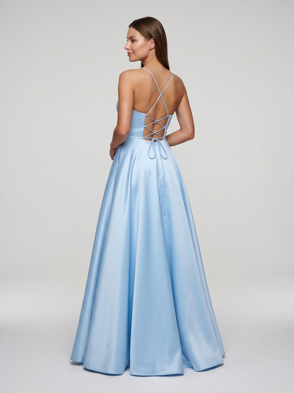 Sky Blue Satin A-Line V-Neck Backless Floor-Length Dress