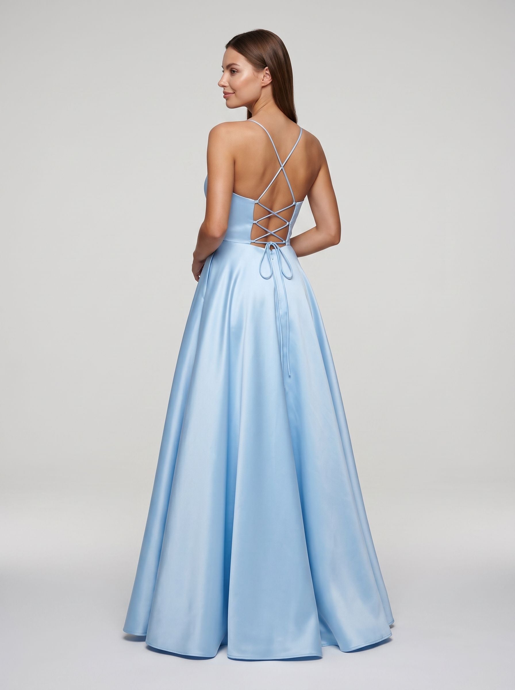 Sky Blue Satin A-Line V-Neck Backless Floor-Length Dress
