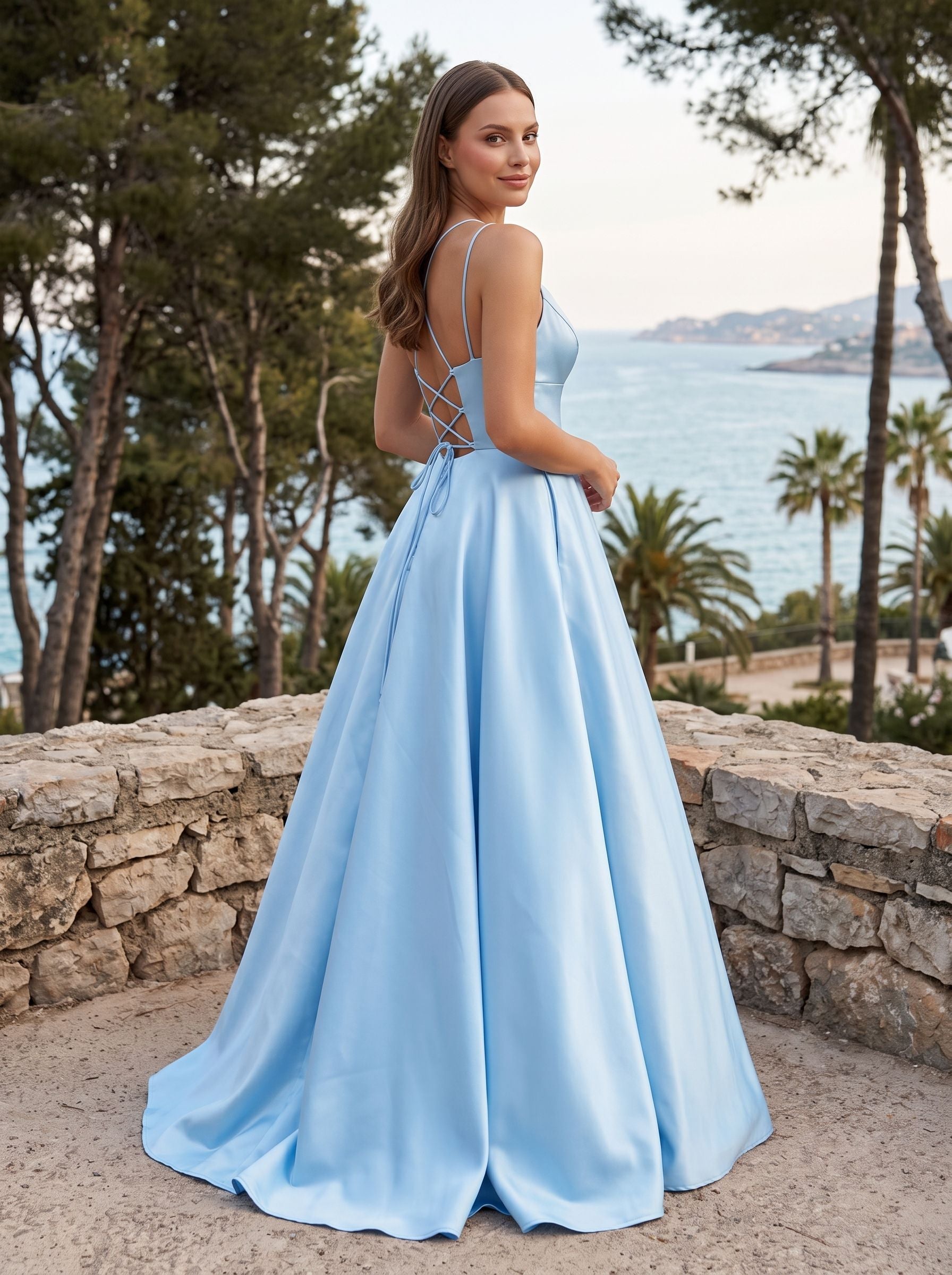 Sky Blue Satin A-Line V-Neck Backless Floor-Length Dress