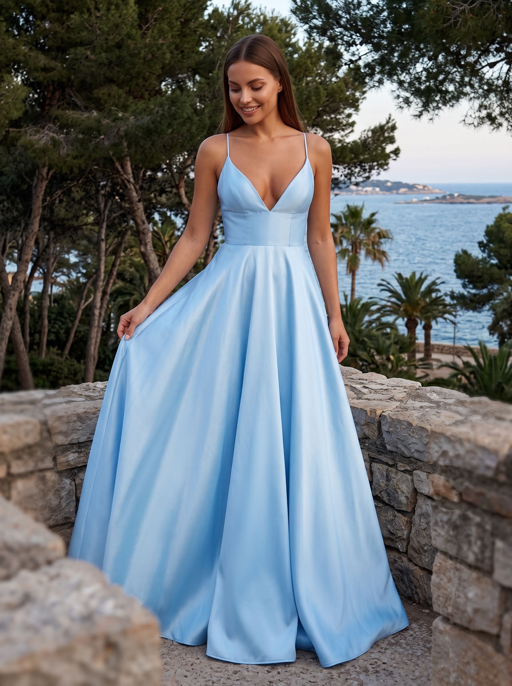 Sky Blue Satin A-Line V-Neck Backless Floor-Length Dress