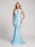 Sky Blue Satin Mermaid Halter neckline Backless Floor-Length Dress with Bow