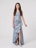 Sky Blue Satin Sheath Straight Neck Back Zip Floor-Length Dress with Cascading Ruffles