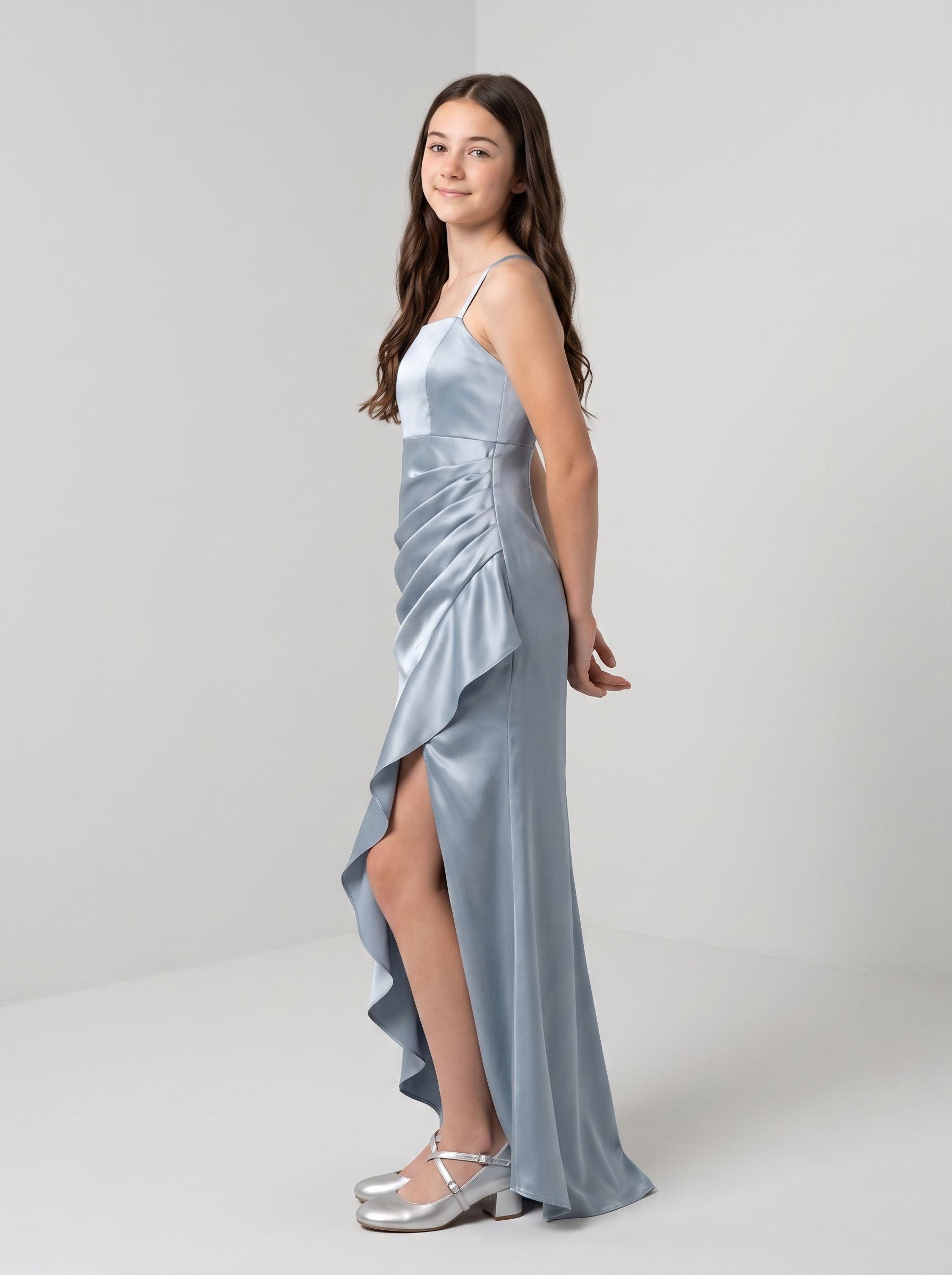Sky Blue Satin Sheath Straight Neck Back Zip Floor-Length Dress with Cascading Ruffles