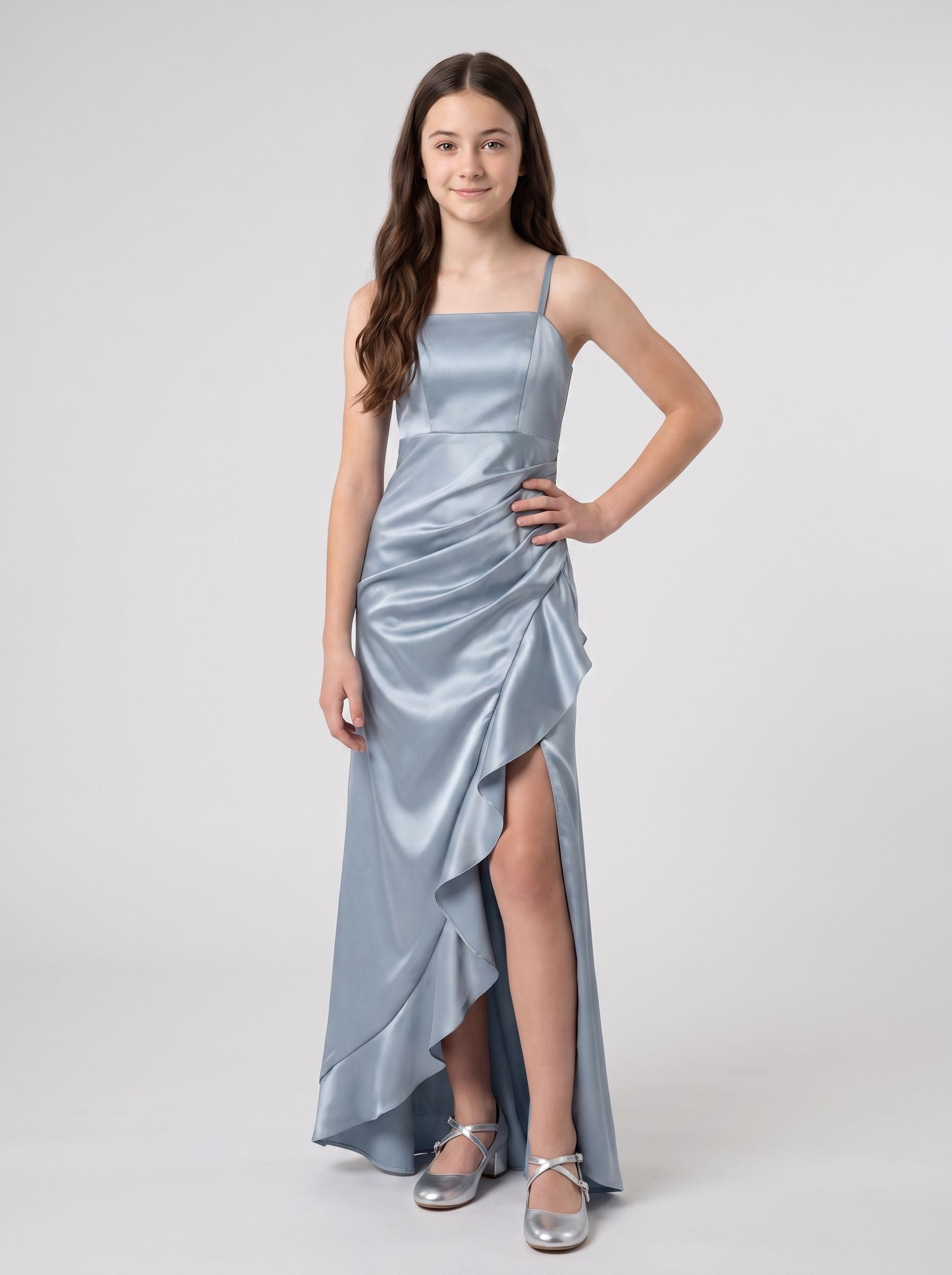 Sky Blue Satin Sheath Straight Neck Back Zip Floor-Length Dress with Cascading Ruffles