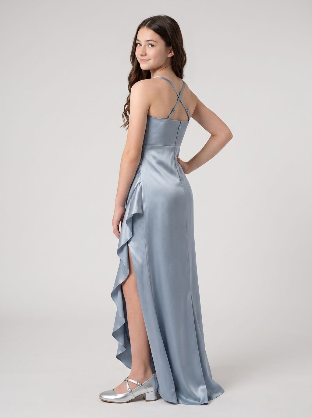 Sky Blue Satin Sheath Straight Neck Back Zip Floor-Length Dress with Cascading Ruffles