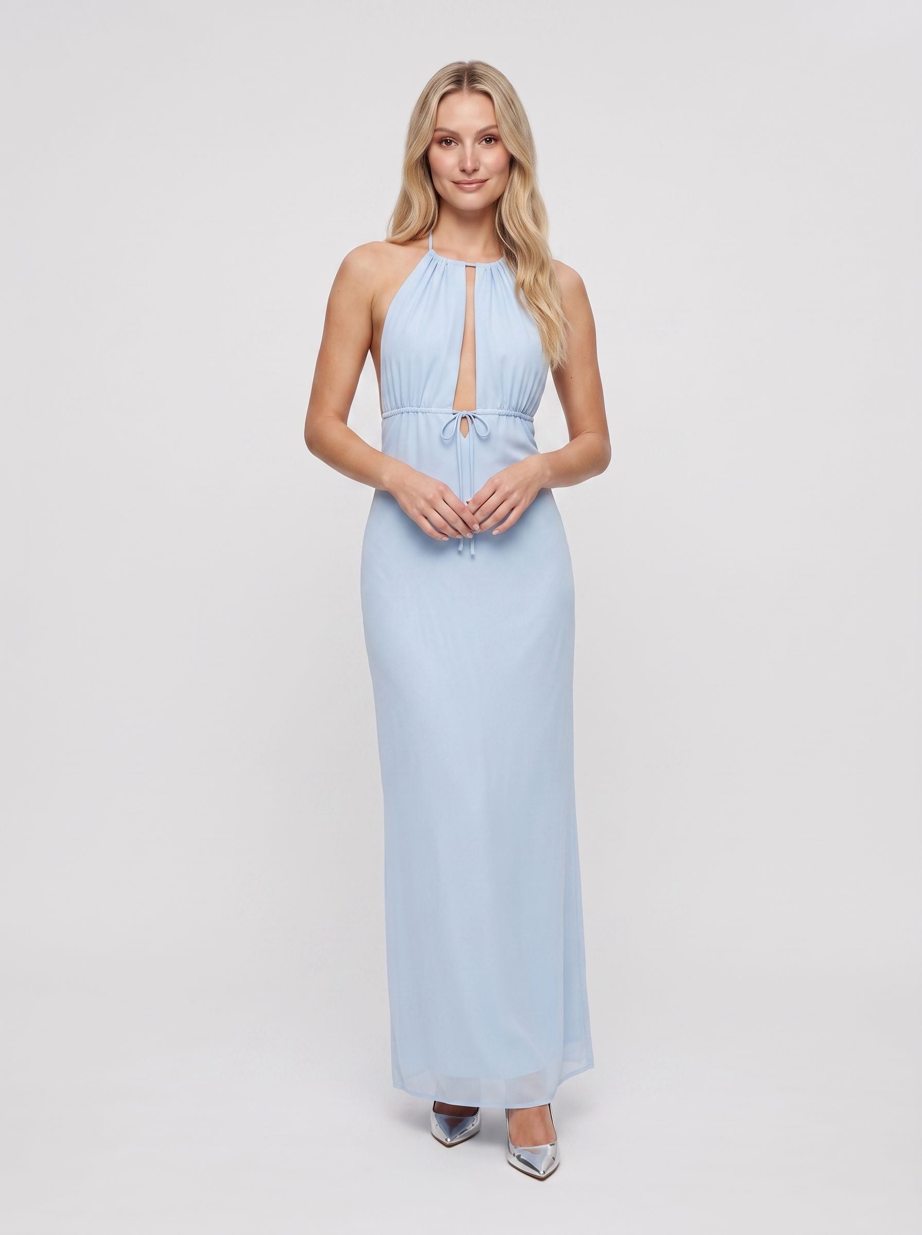 Sky Blue Chiffon Column Halter neckline Backless Floor-Length Dress with Keyhole