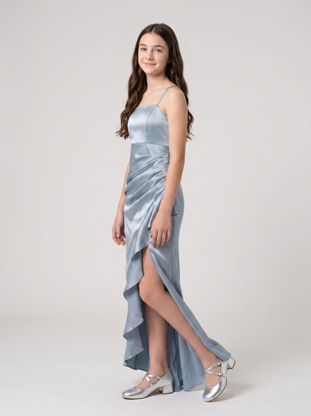 Sky Blue Satin Sheath Straight Neck Back Zip Floor-Length Dress with Cascading Ruffles