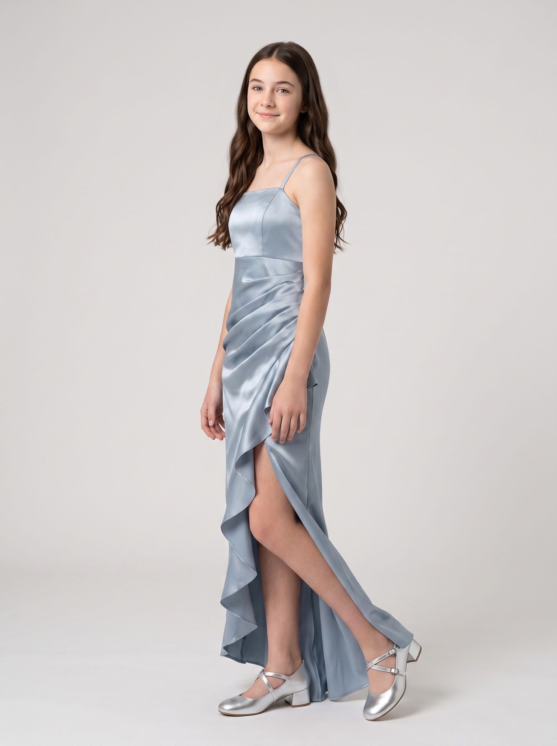 Sky Blue Satin Sheath Straight Neck Back Zip Floor-Length Dress with Cascading Ruffles