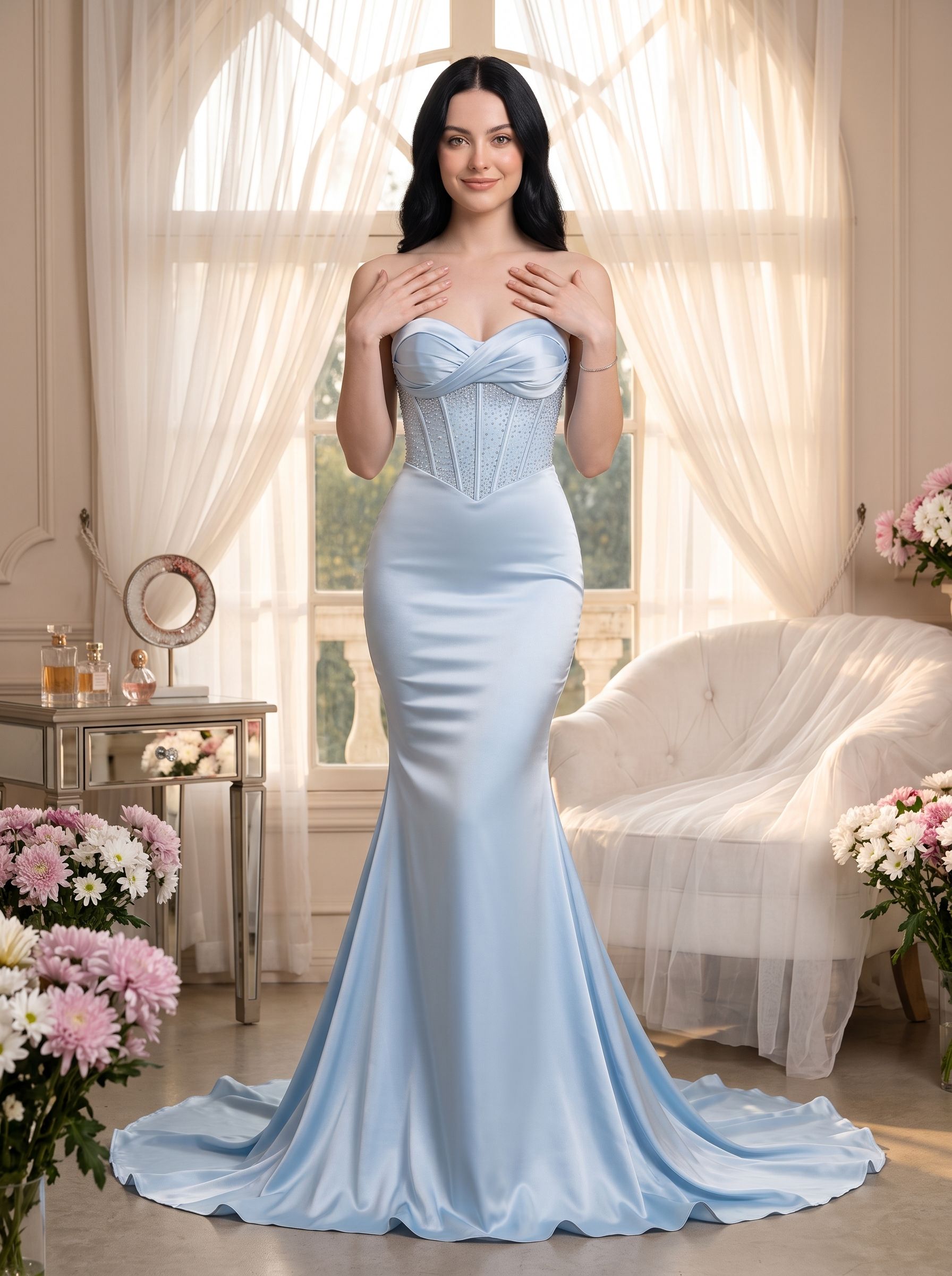 Sky Blue Satin Mermaid Sweetheart Back Zip Floor-Length Dress with Court Train