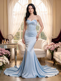 Sky Blue Satin Mermaid Sweetheart Back Zip Floor-Length Dress with Court Train