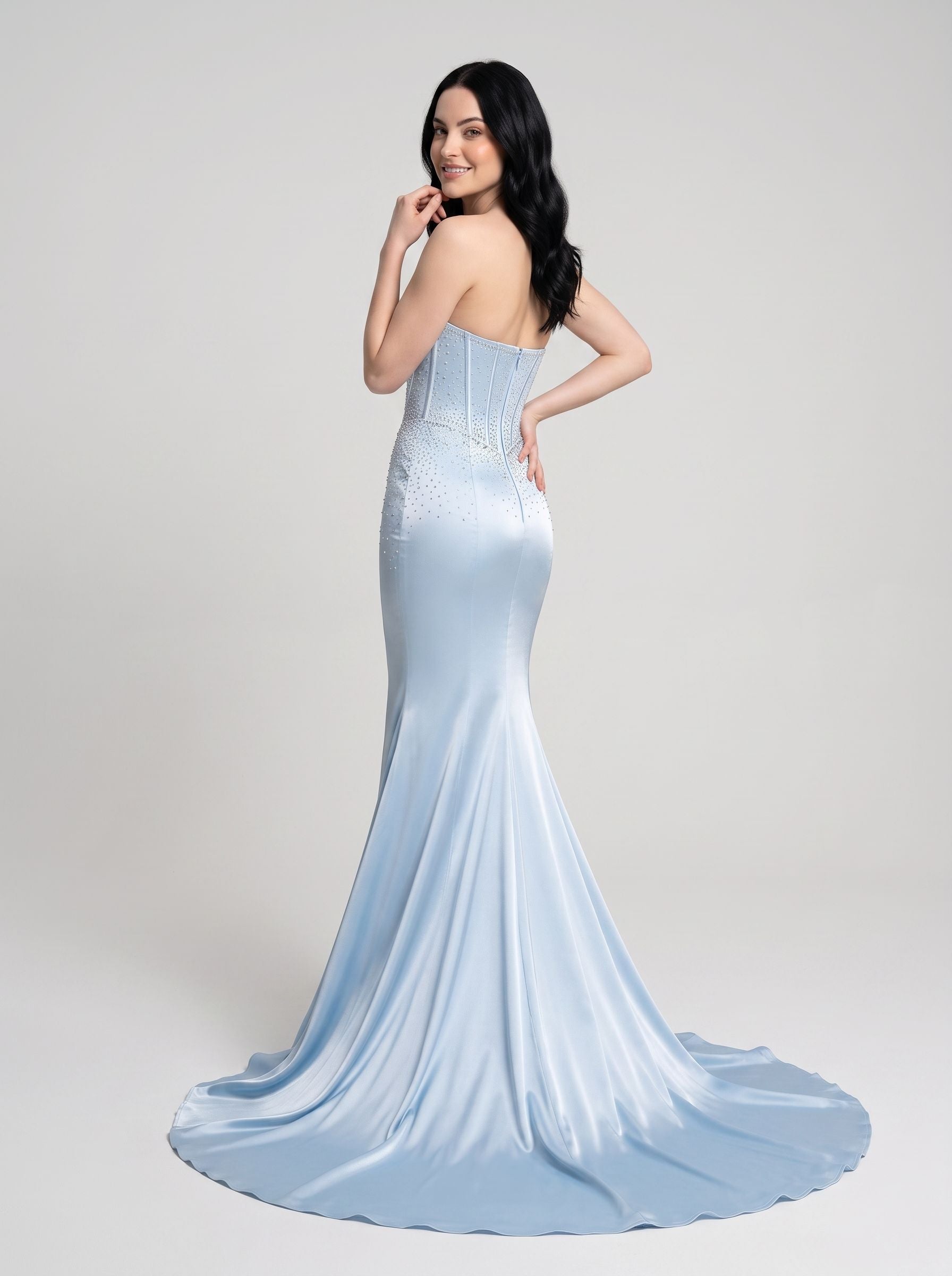 Sky Blue Satin Mermaid Sweetheart Back Zip Floor-Length Dress with Court Train