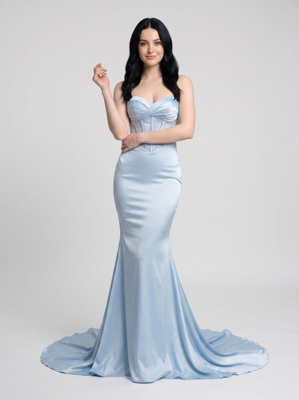 Sky Blue Satin Mermaid Sweetheart Back Zip Floor-Length Dress with Court Train