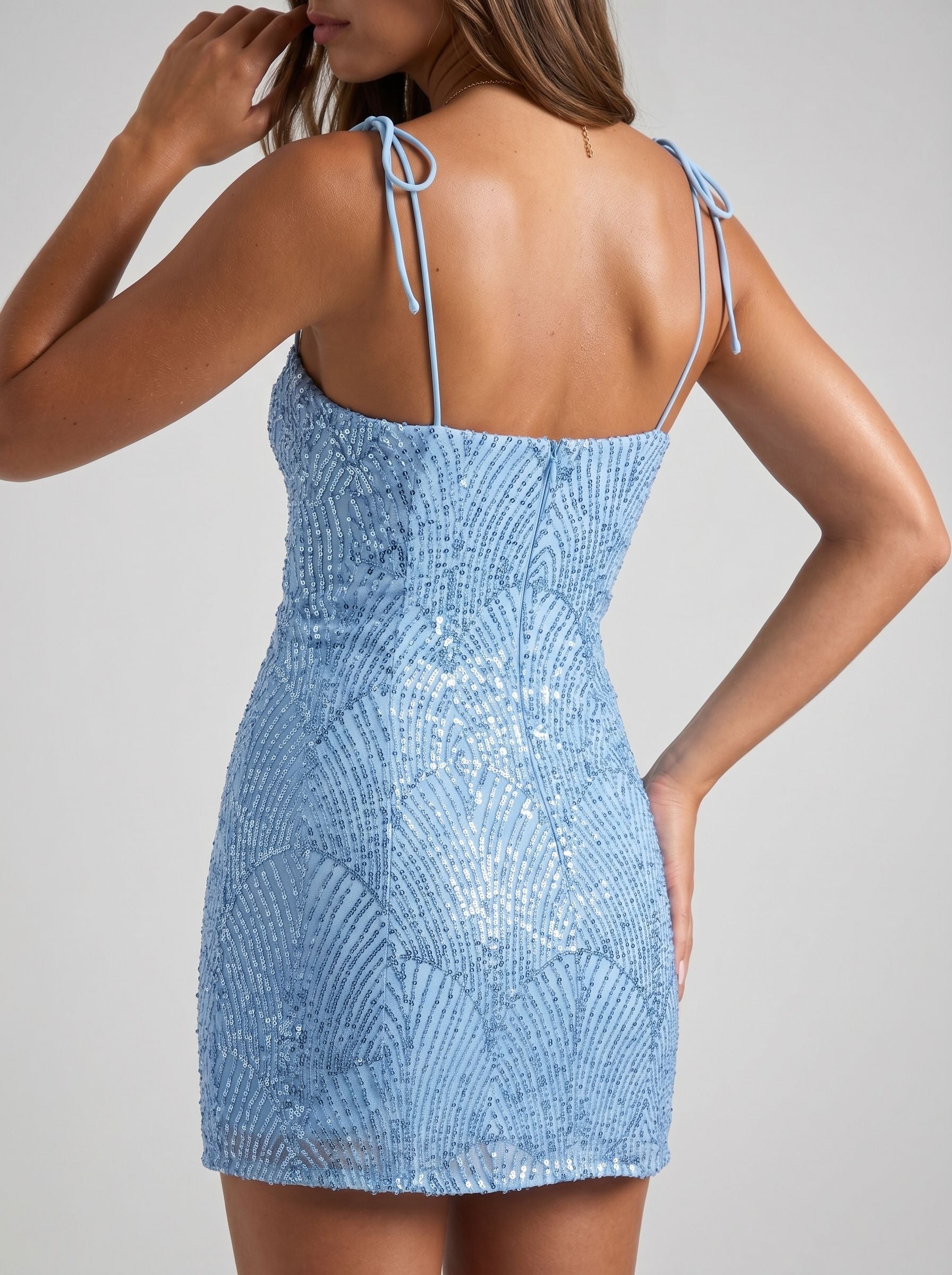 Sky Blue Sequin A-Line Sweetheart Side-Zip Short Dress with Tie Shoulders