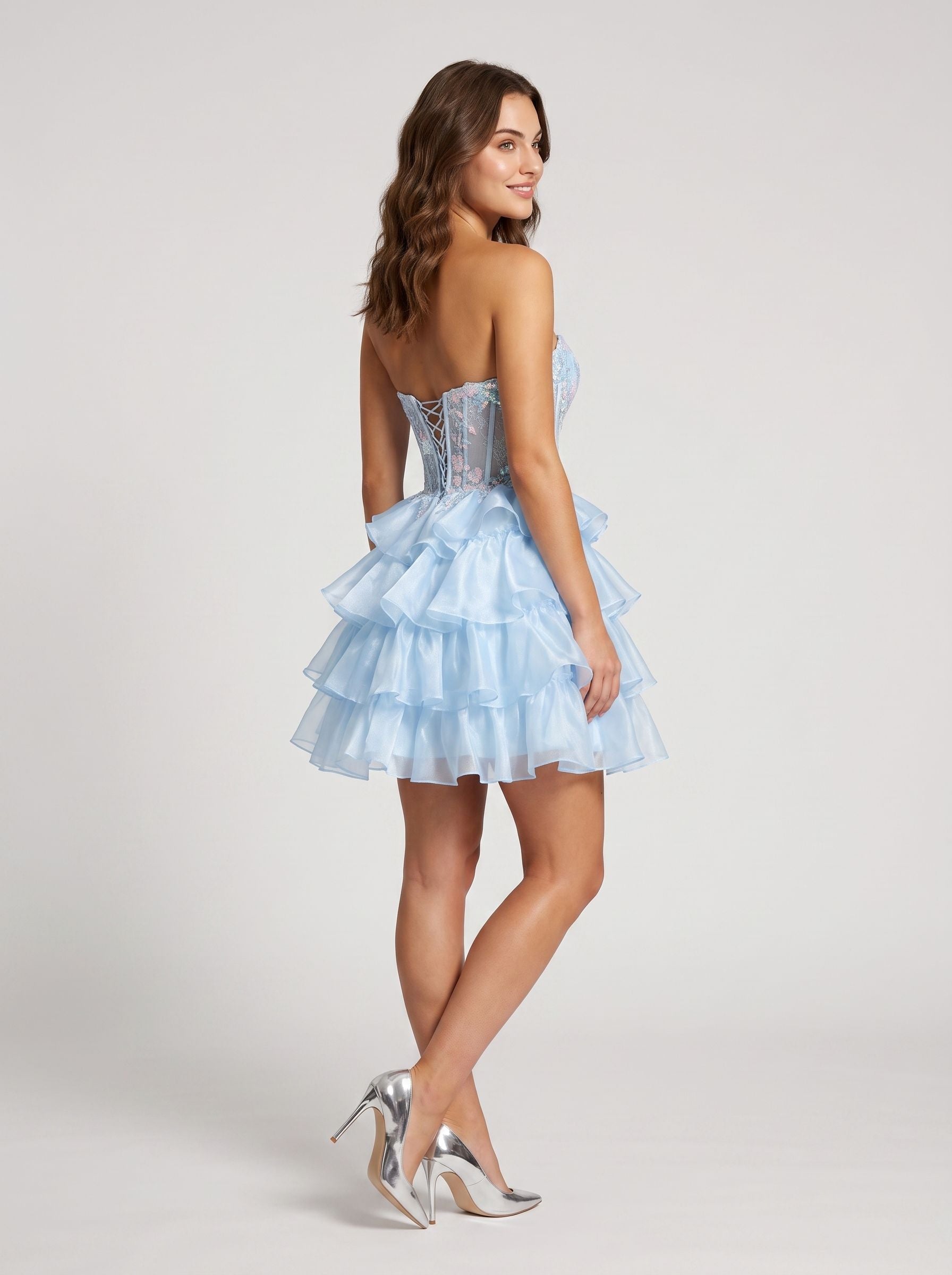 Sky Blue Sequins A-Line Sweetheart Lace-up Short Dress with Corset Bodice