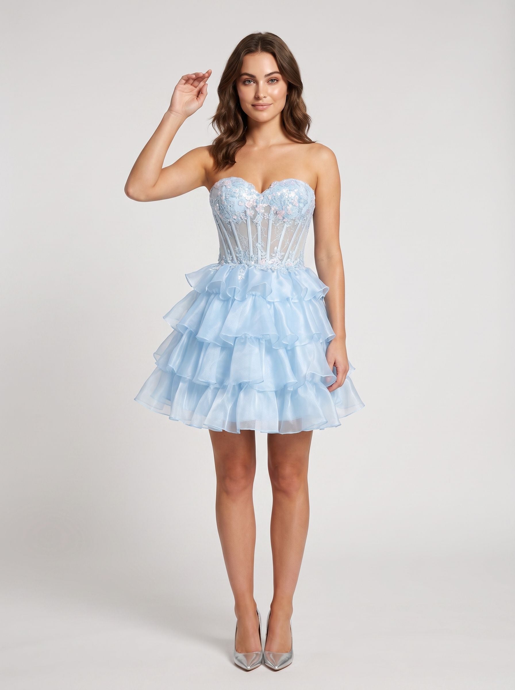 Sky Blue Sequins A-Line Sweetheart Lace-up Short Dress with Corset Bodice