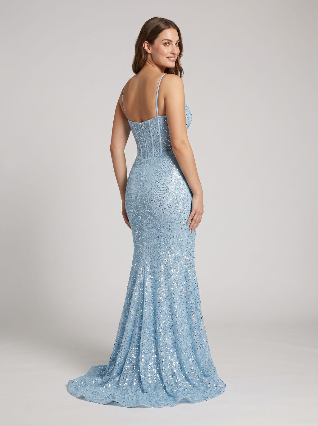 Sky Blue Sequins Mermaid Sweetheart Backless Floor-Length Dress with Sweep Train