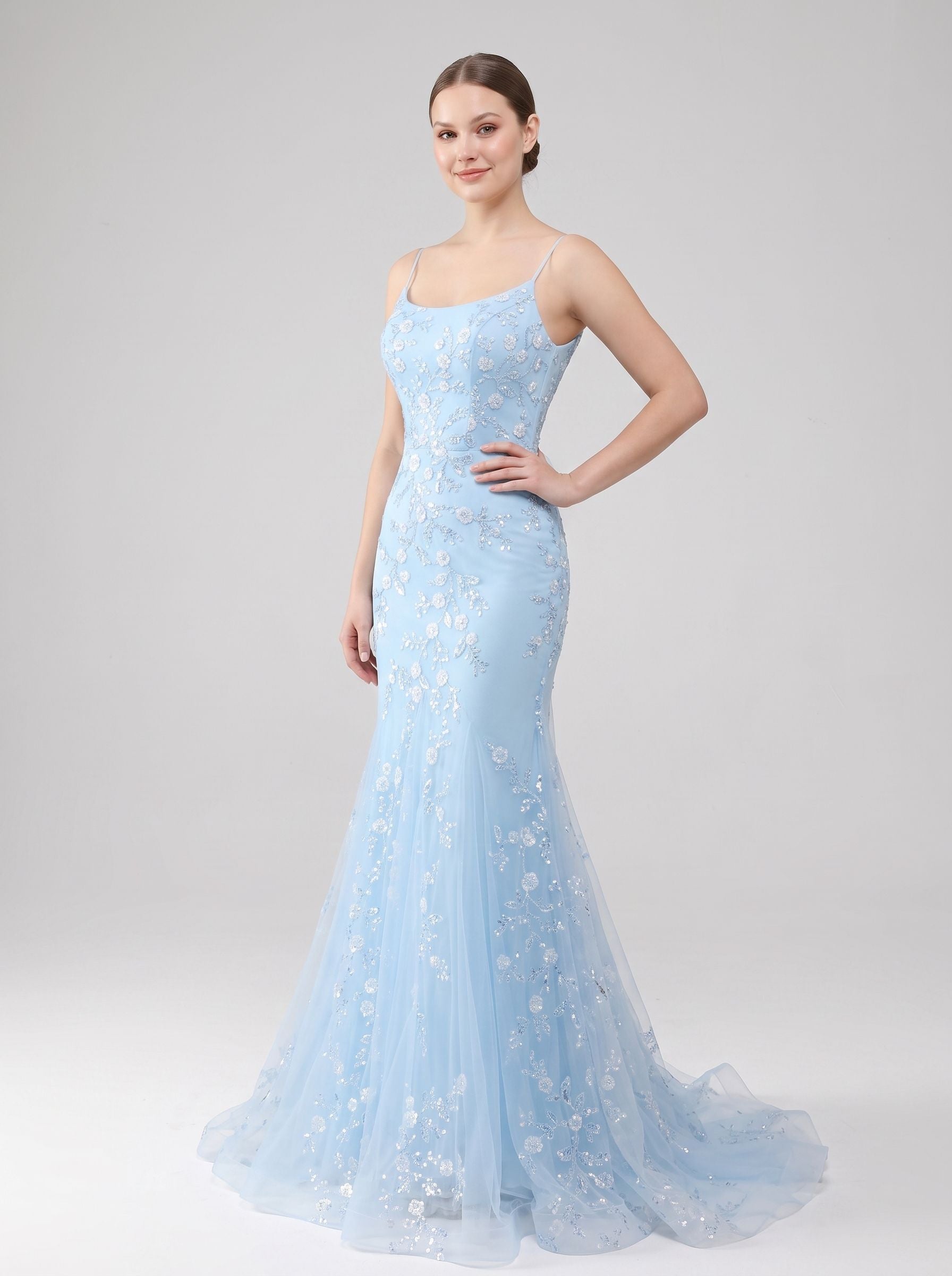 Sky Blue Tulle Mermaid Scoop Neck Lace-up Floor-Length Dress with Sequined Appliques