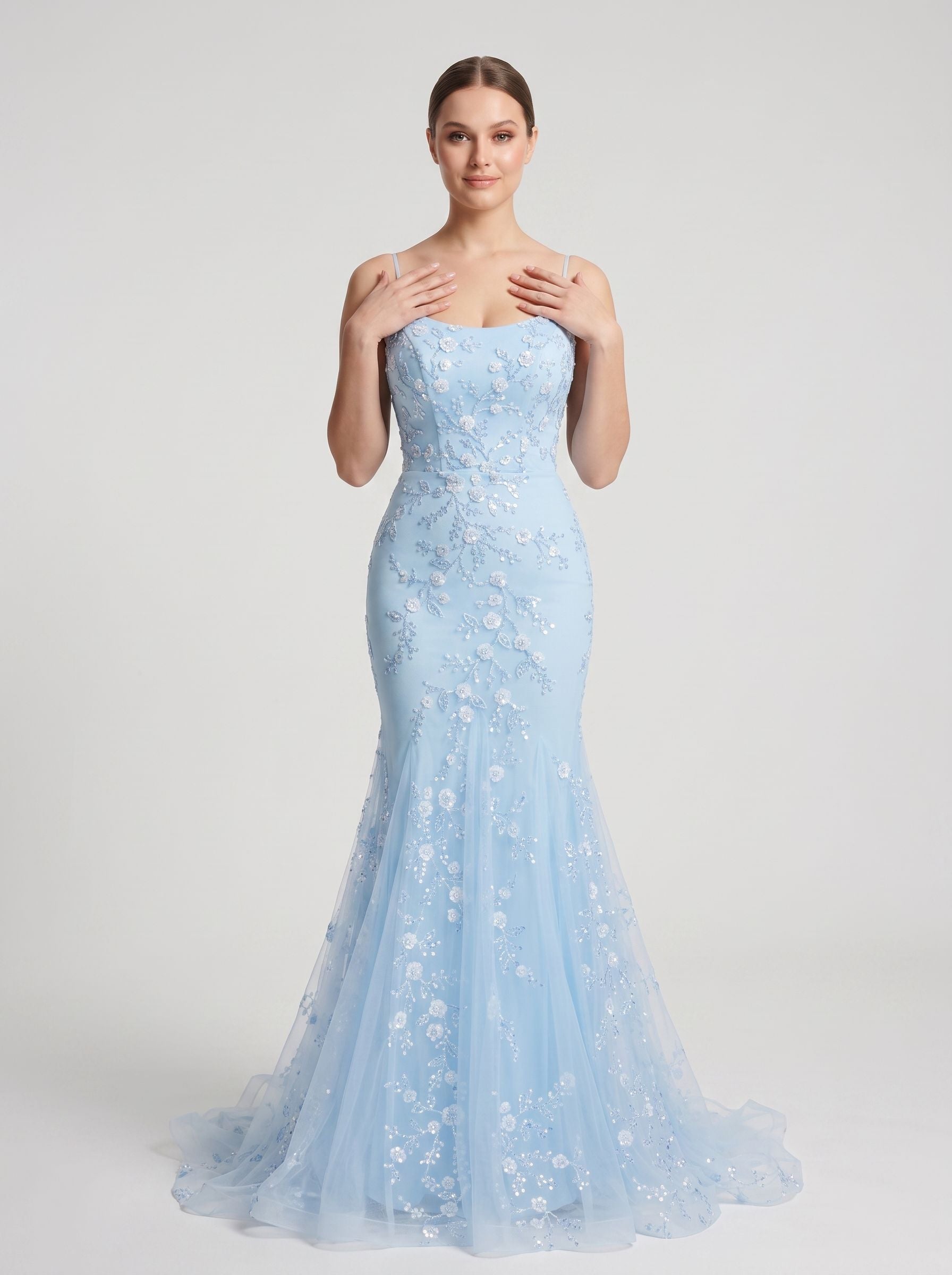 Sky Blue Tulle Mermaid Scoop Neck Lace-up Floor-Length Dress with Sequined Appliques