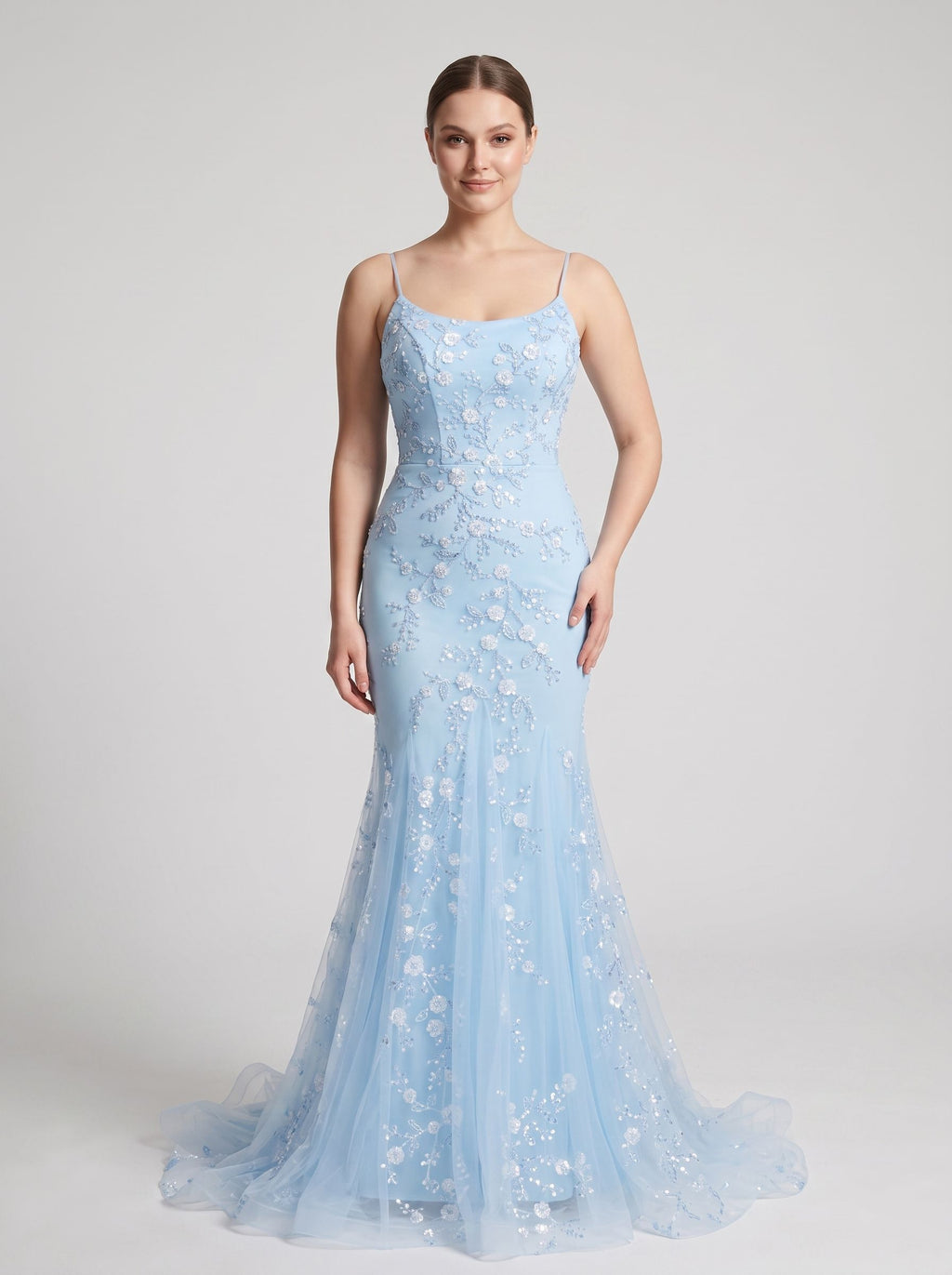 Sky Blue Tulle Mermaid Scoop Neck Lace-up Floor-Length Dress with Sequined Appliques