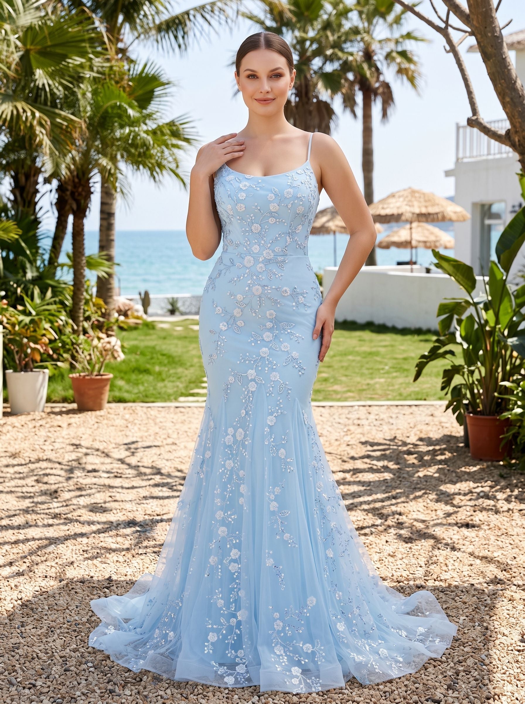 Sky Blue Tulle Mermaid Scoop Neck Lace-up Floor-Length Dress with Sequined Appliques