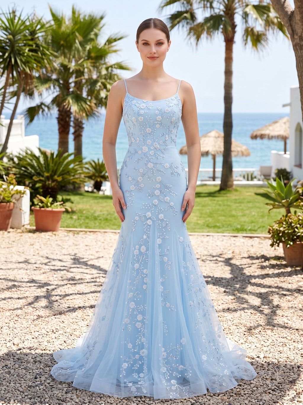 Sky Blue Tulle Mermaid Scoop Neck Lace-up Floor-Length Dress with Sequined Appliques