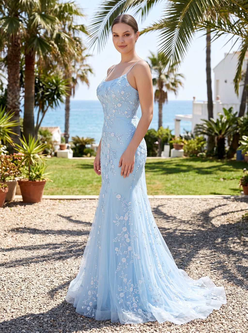 Sky Blue Tulle Mermaid Scoop Neck Lace-up Floor-Length Dress with Sequined Appliques
