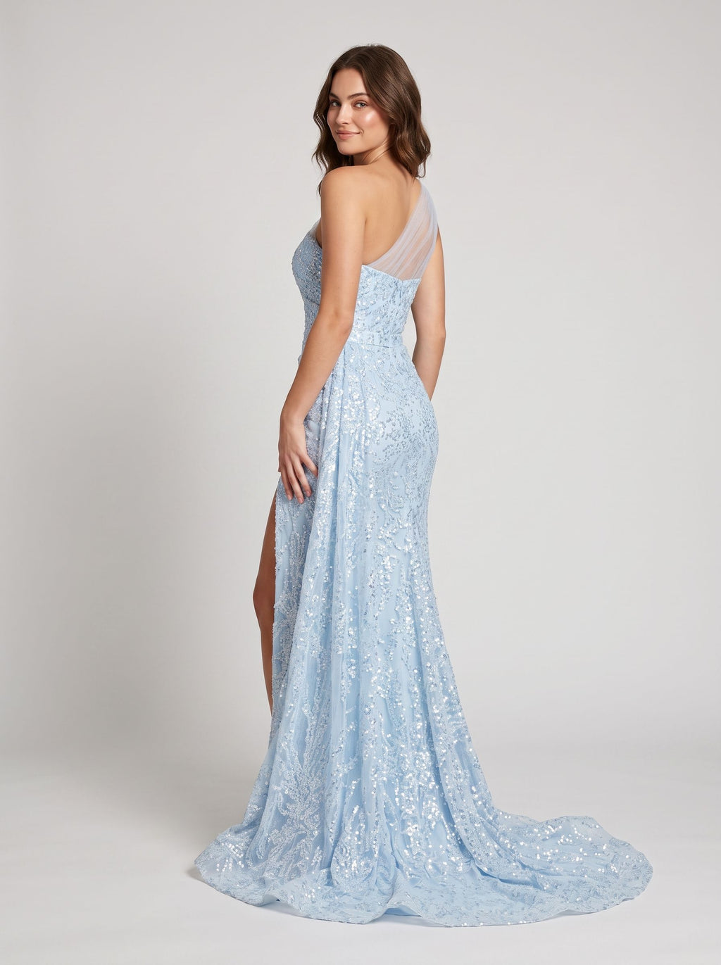 Sky Blue Sequins Sheath One Shoulder Side Zip Floor-Length Dress with Beading
