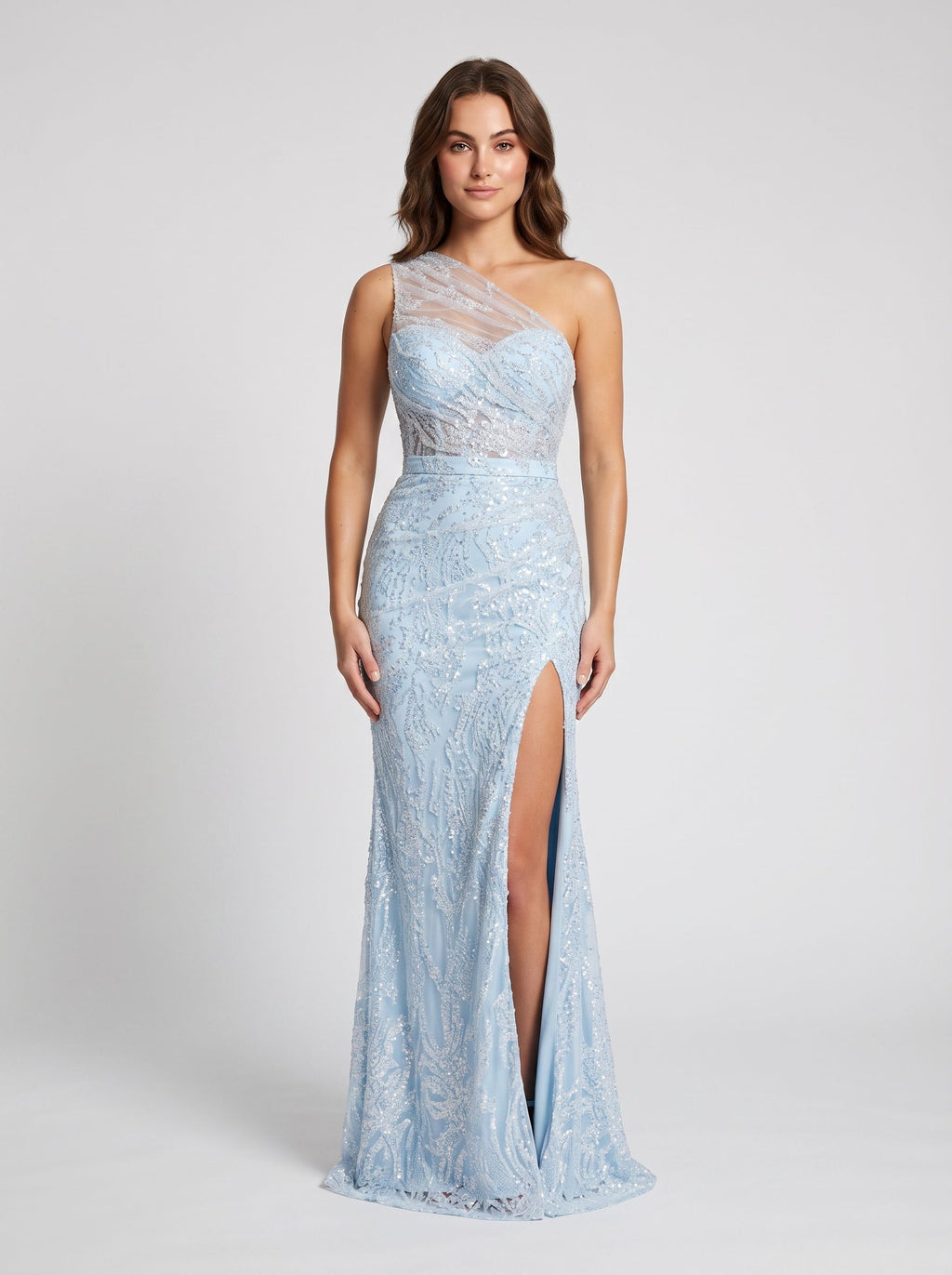Sky Blue Sequins Sheath One Shoulder Side Zip Floor-Length Dress with Beading