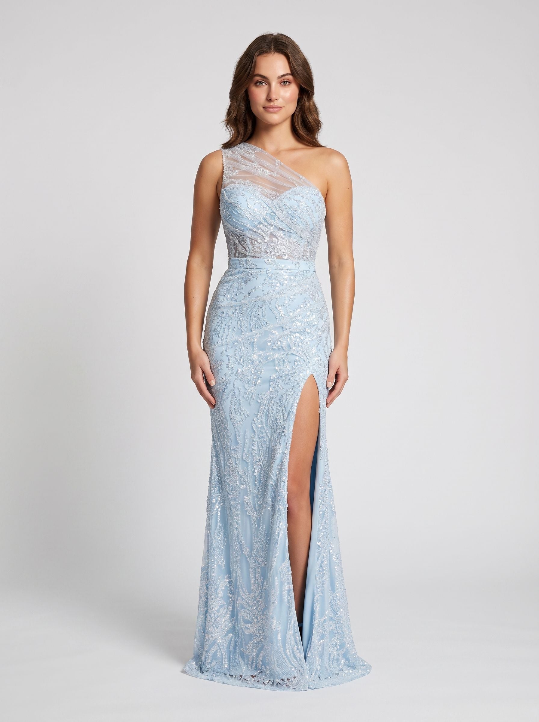 Sky Blue Sequins Sheath One Shoulder Side Zip Floor-Length Dress with Beading