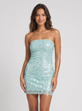Sky Blue Sequins Sheath Straight Neck Side Zip Short Dress with Allover Shimmer