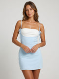 Sky Blue Stretch Knit Sheath Straight Neck Side Zip Short Dress with Ruched Bust