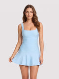 Sky Blue Satin A-Line Square Neck Backless Mini Dress with Flared Hem