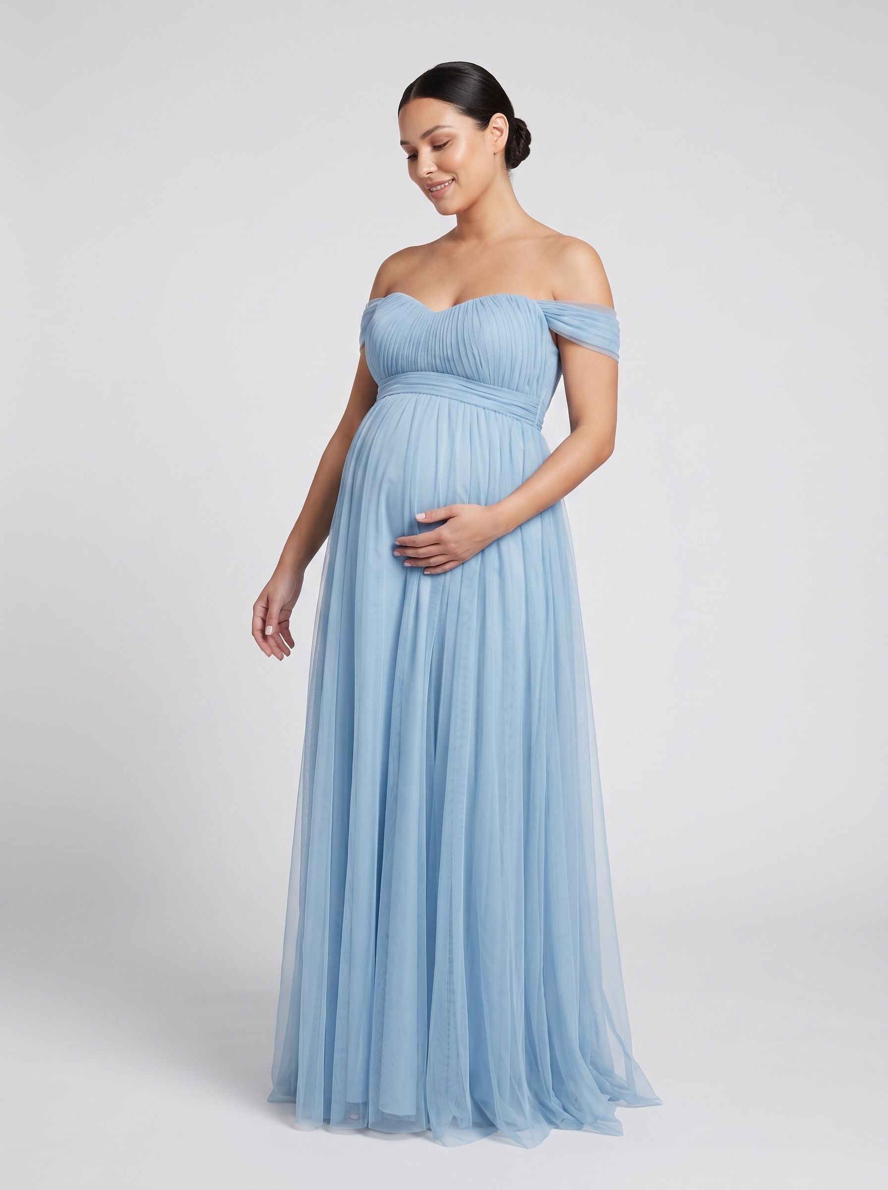 Sky Blue Tulle A-Line Off-the-Shoulder Back Zip Floor-Length Dress with Convertible Straps