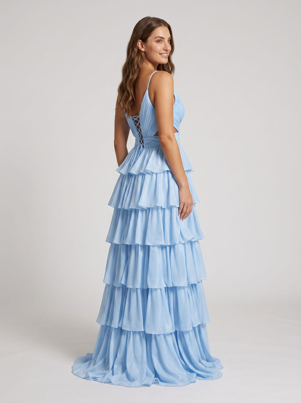 Sky Blue Tulle A-Line V-Neck Corset Back Floor-Length Dress with Slit