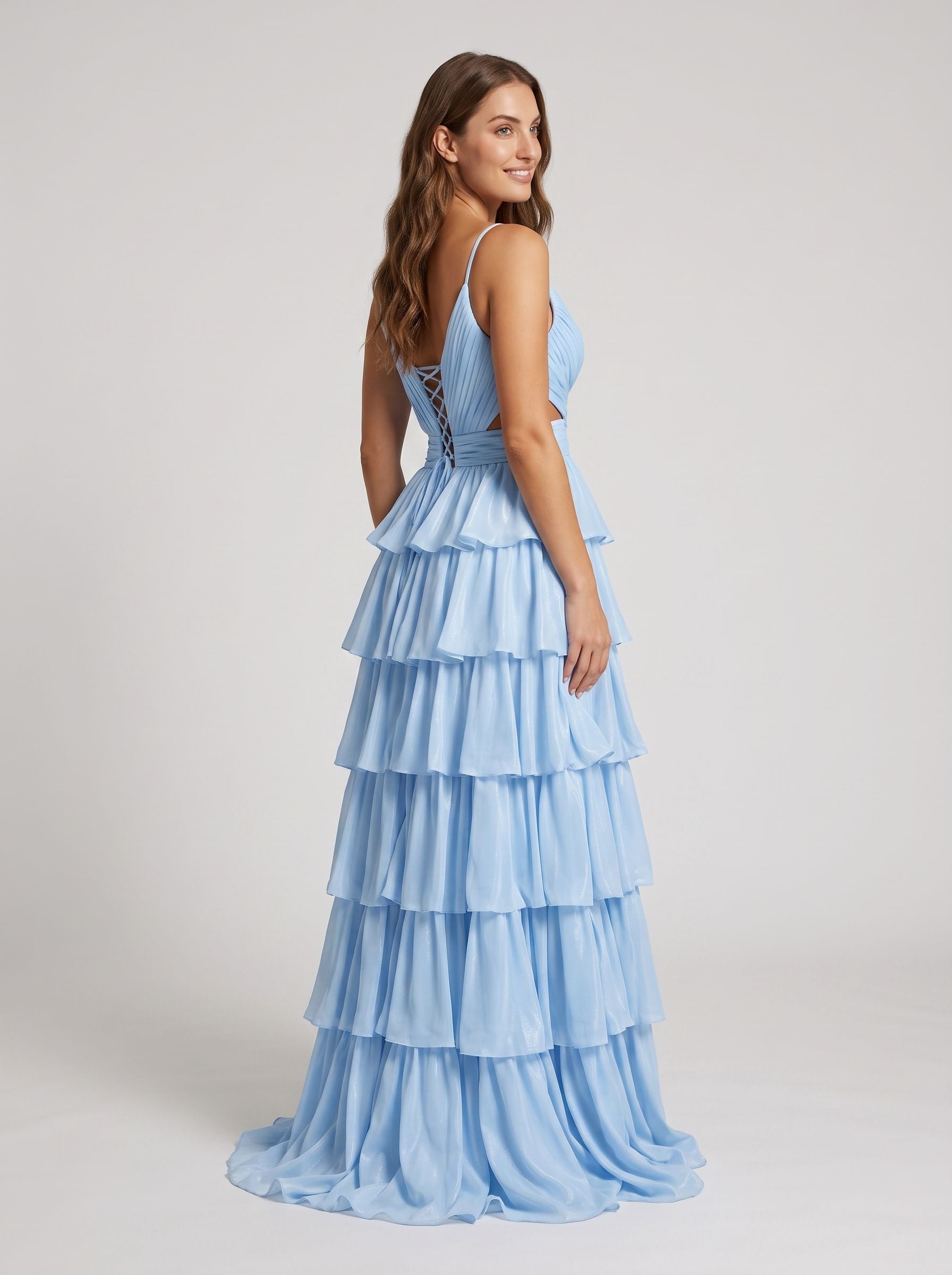 Sky Blue Tulle A-Line V-Neck Corset Back Floor-Length Dress with Slit