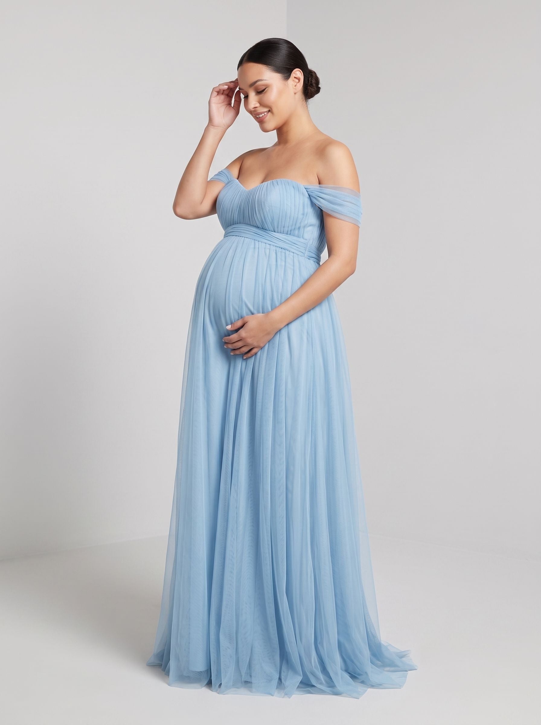 Sky Blue Tulle A-Line Off-the-Shoulder Back Zip Floor-Length Dress with Convertible Straps