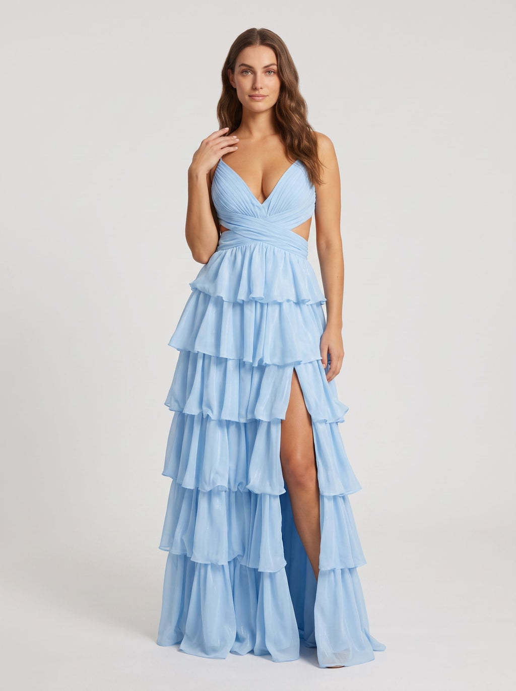 Sky Blue Tulle A-Line V-Neck Corset Back Floor-Length Dress with Slit