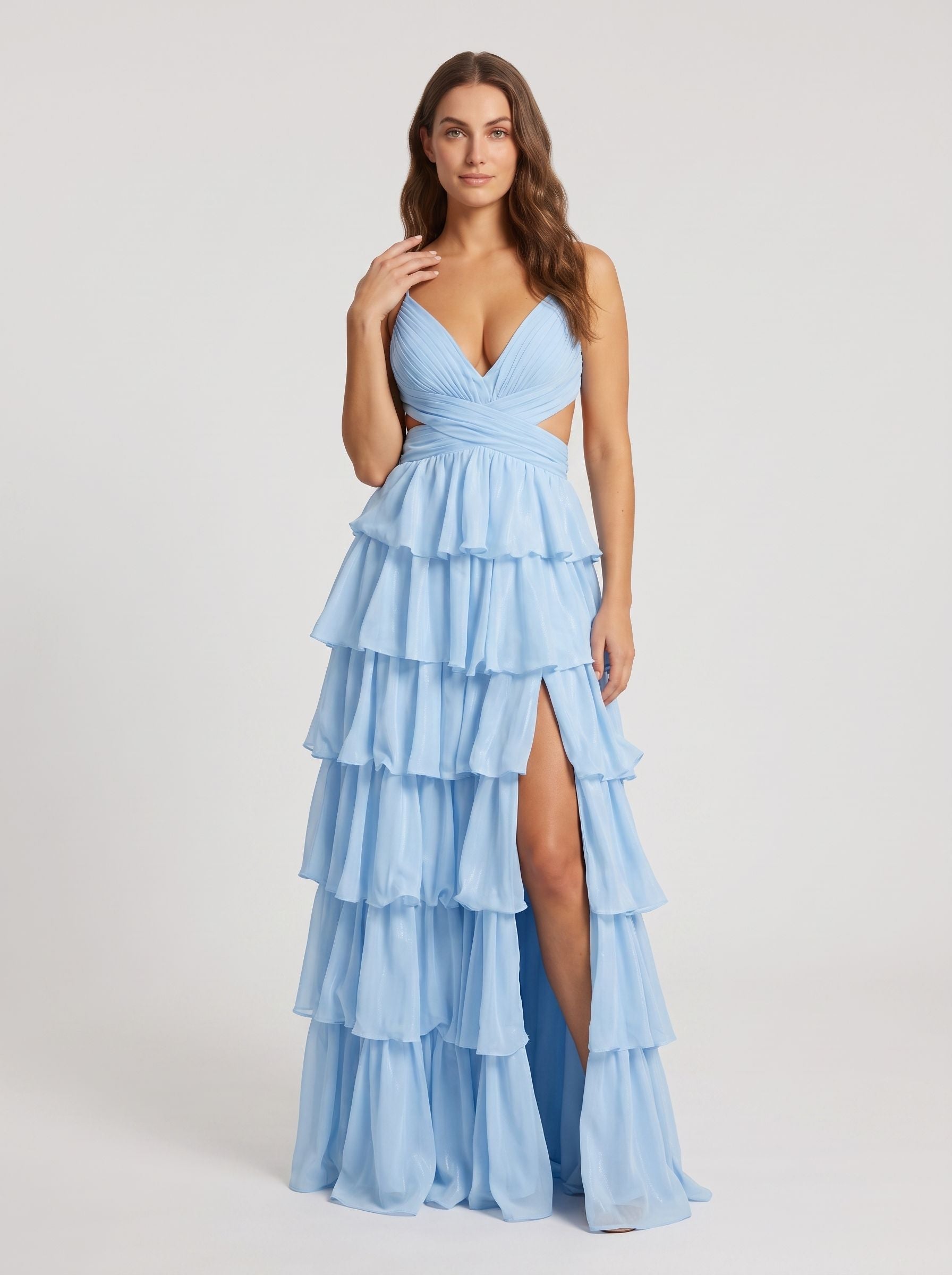 Sky Blue Tulle A-Line V-Neck Corset Back Floor-Length Dress with Slit