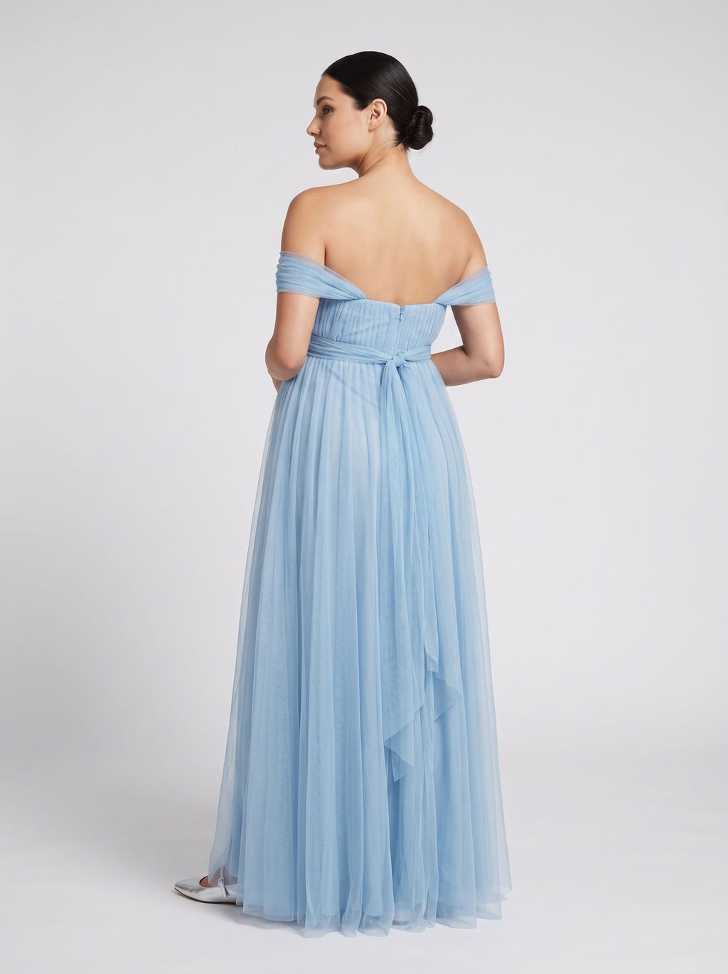 Sky Blue Tulle A-Line Off-the-Shoulder Back Zip Floor-Length Dress with Convertible Straps