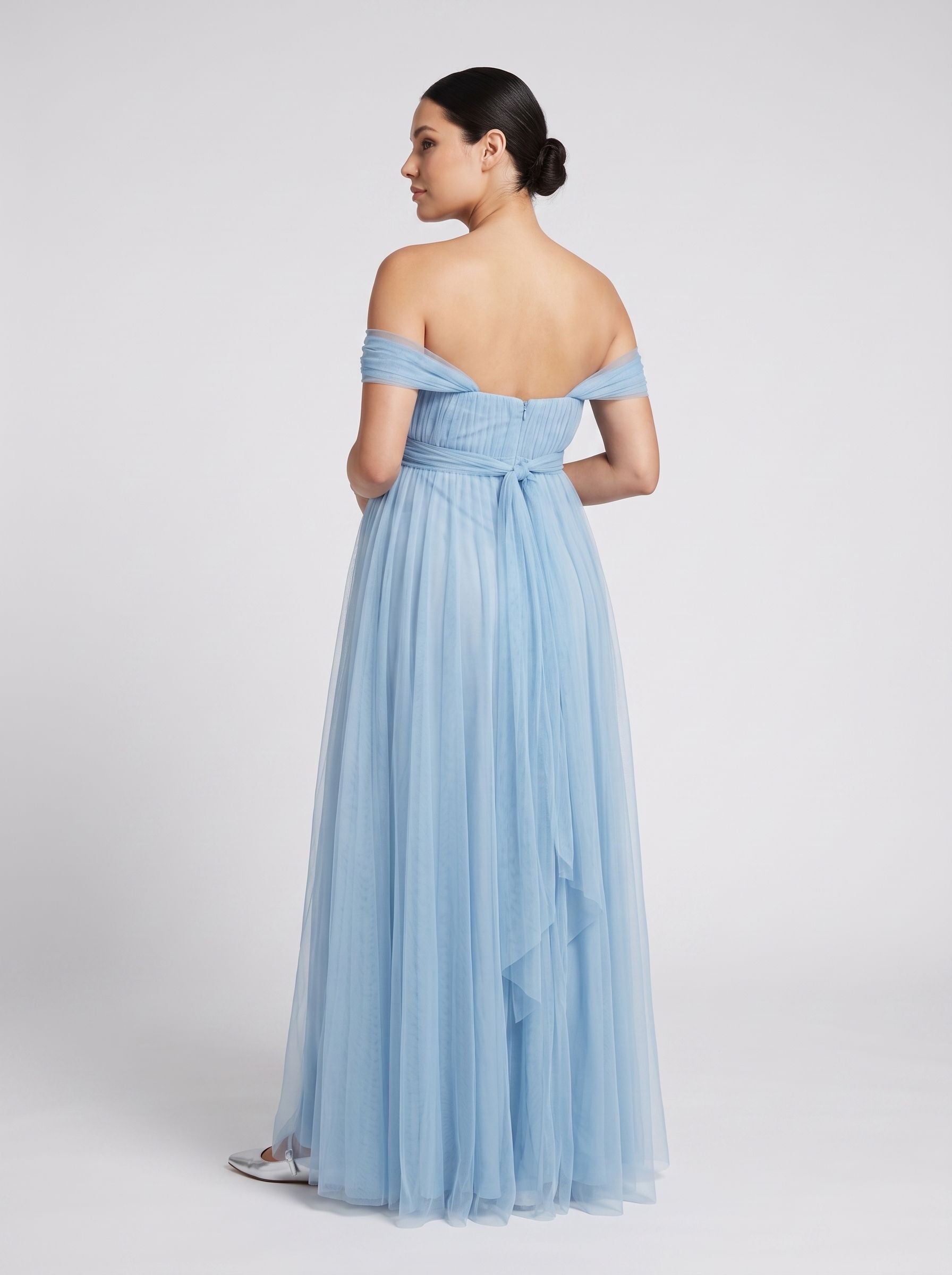 Sky Blue Tulle A-Line Off-the-Shoulder Back Zip Floor-Length Dress with Convertible Straps