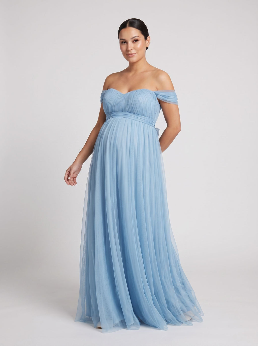 Sky Blue Tulle A-Line Off-the-Shoulder Back Zip Floor-Length Dress with Convertible Straps