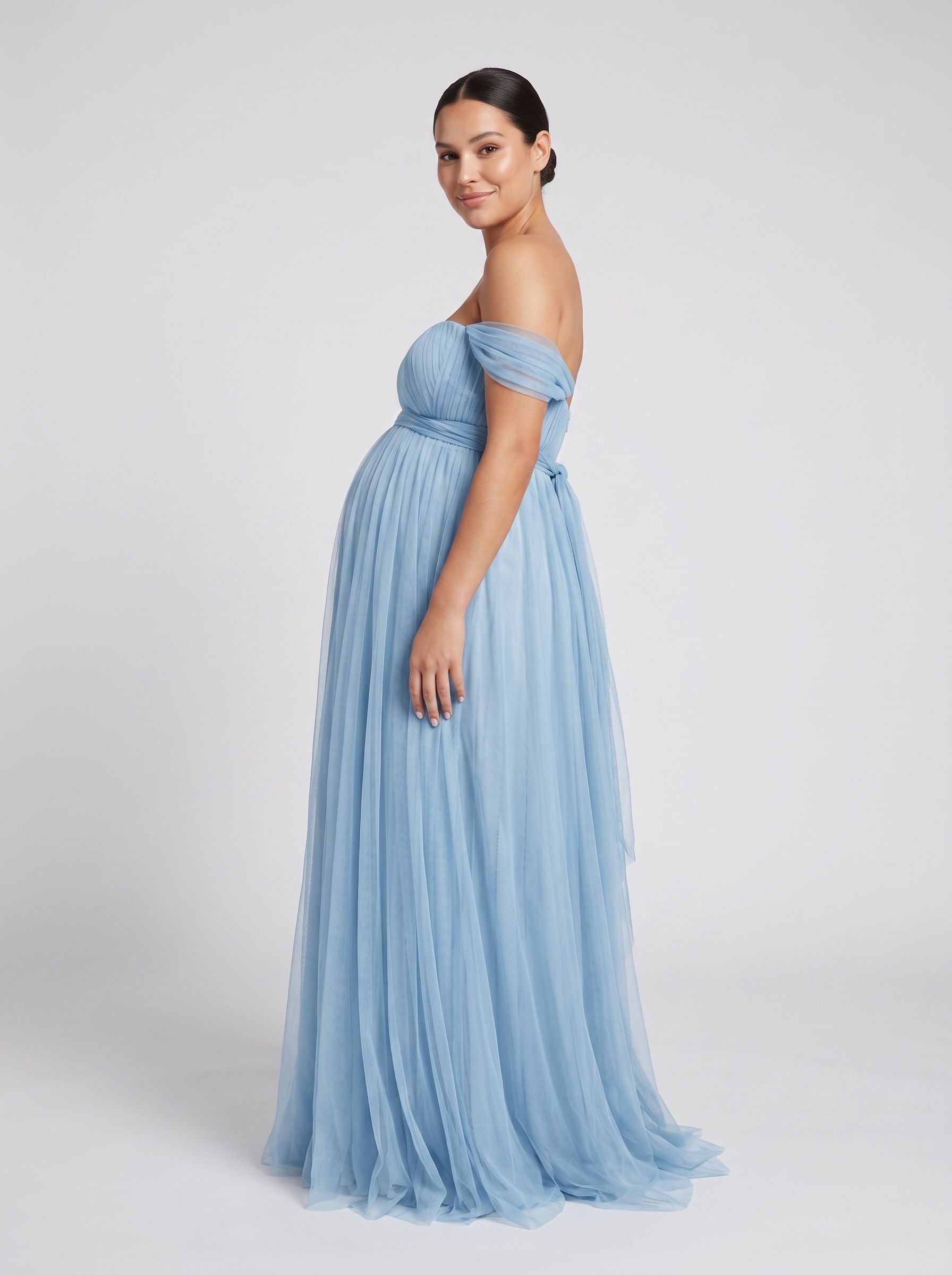 Sky Blue Tulle A-Line Off-the-Shoulder Back Zip Floor-Length Dress with Convertible Straps