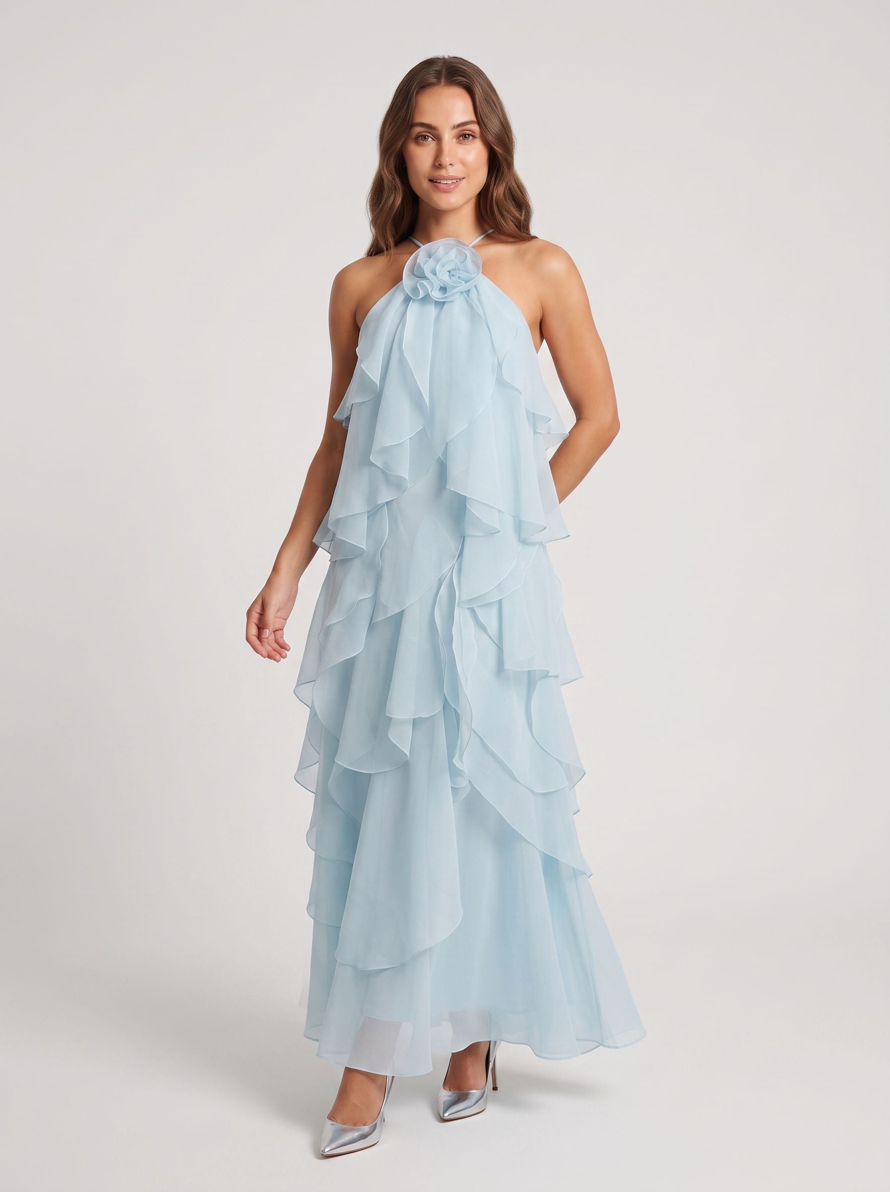 Sky Blue Chiffon A-Line Halter neckline Lace-up Floor-Length Dress with Rosette