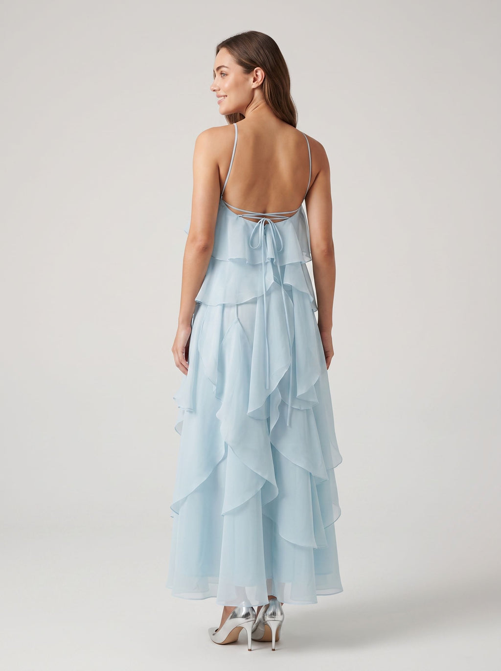 Sky Blue Chiffon A-Line Halter neckline Lace-up Floor-Length Dress with Rosette