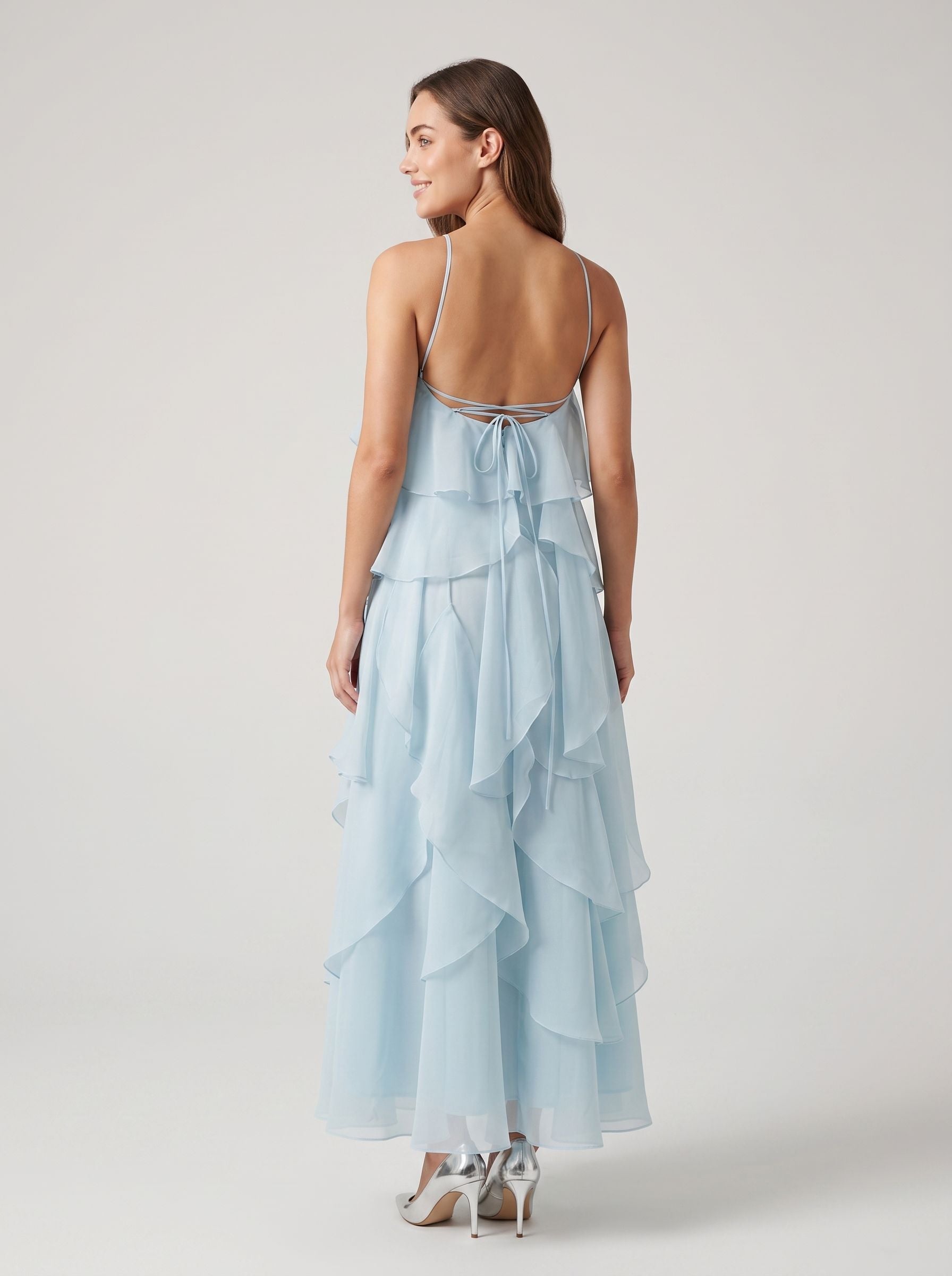 Sky Blue Chiffon A-Line Halter neckline Lace-up Floor-Length Dress with Rosette