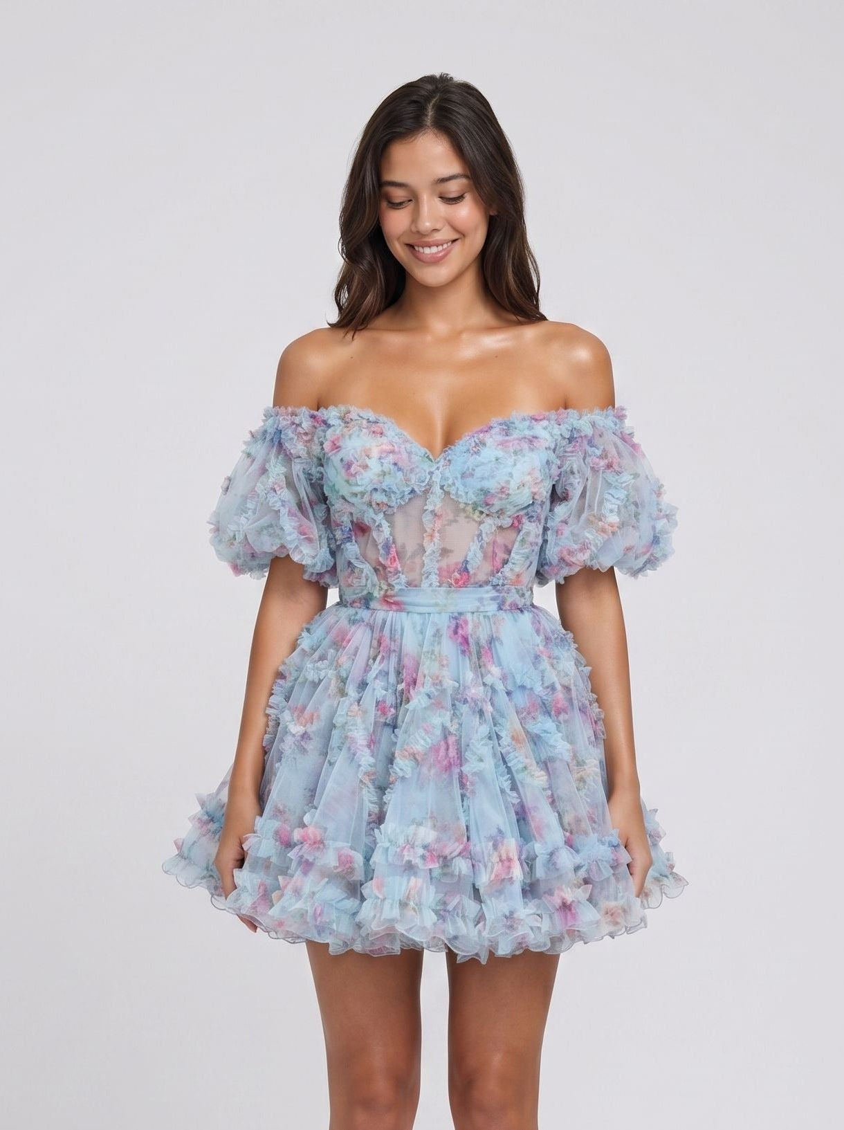 Blue Tulle A-Line Off-the-Shoulder Back Zip Short Dress with Floral Print