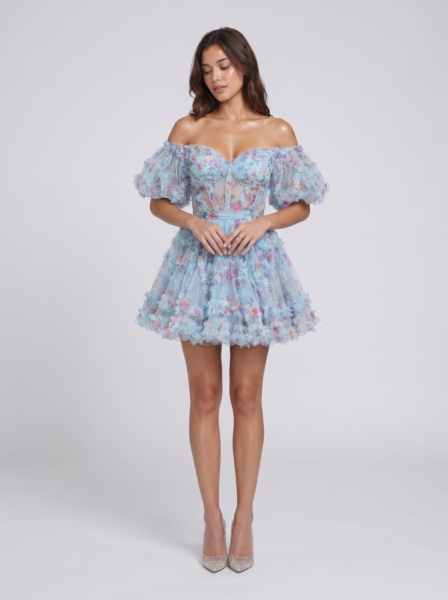 Blue Tulle A-Line Off-the-Shoulder Back Zip Short Dress with Floral Print