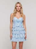 Sky Blue Tulle A-Line Sweetheart Back Zip Short Dress with Tiered Ruffles and 3D Flower