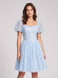 Sky Blue Tulle A-Line Sweetheart Criss-Cross Straps Short Dress with Puff Sleeves