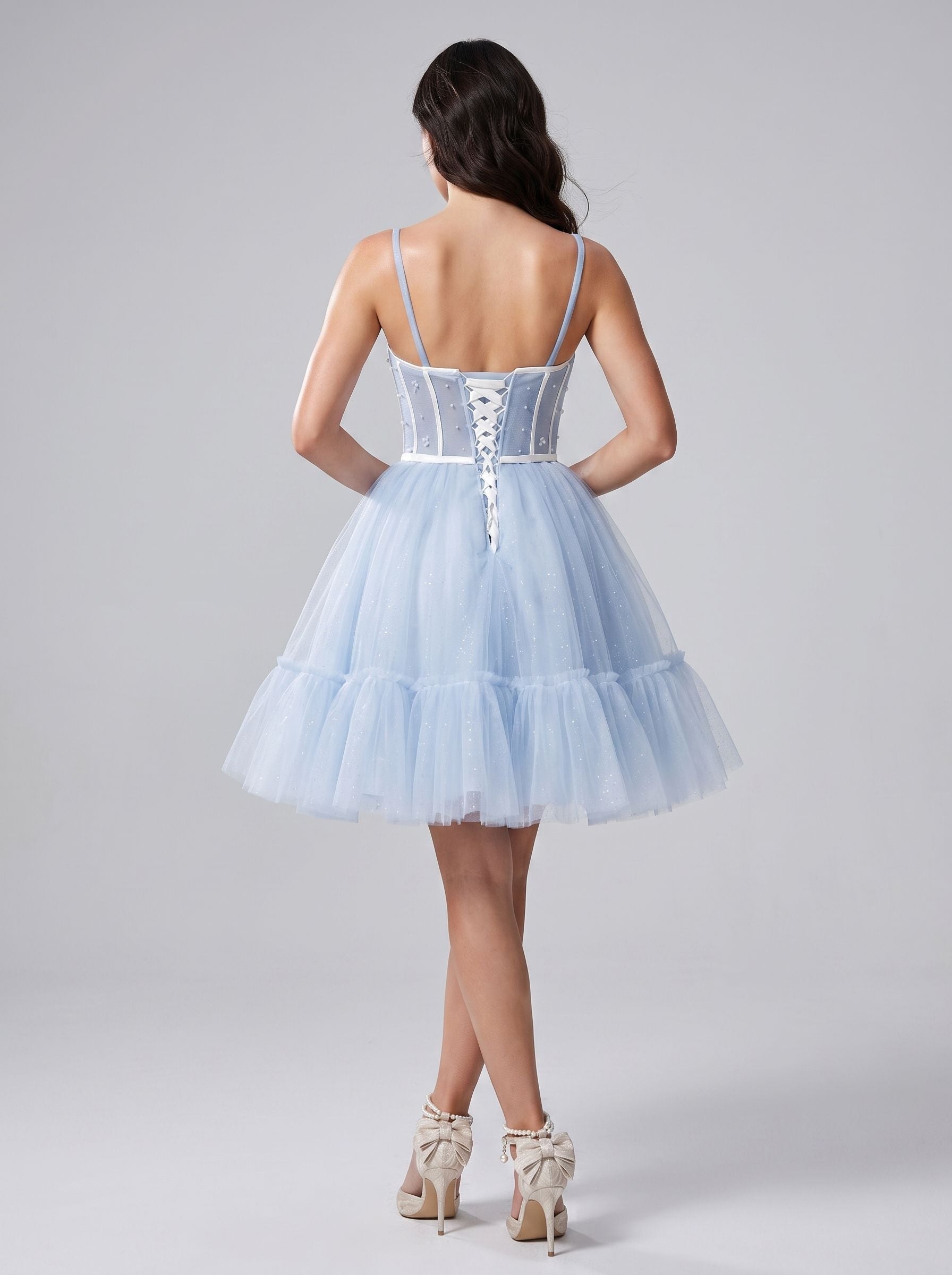 Mist Tulle A-Line Straight Neck Criss-Cross Straps Short Dress with Spaghetti Straps